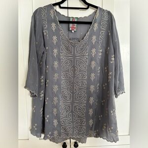 Johnny Was Gray Embroidered Blouse